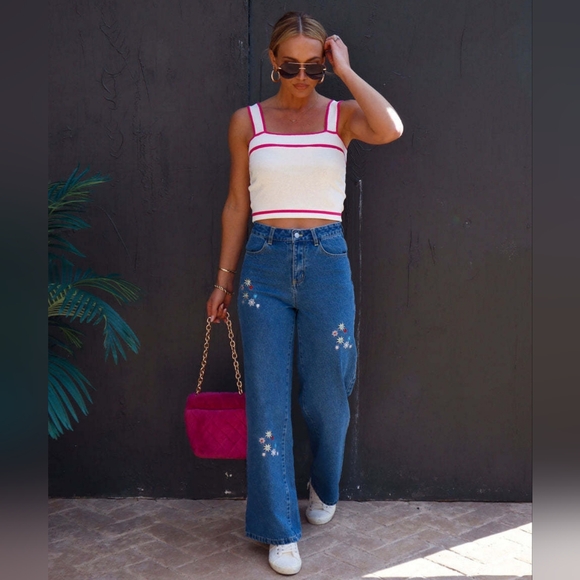 Retro High-Rise Embroidered Daisy Flower Straight Leg Hippie Cotton Denim Jeans - Picture 14 of 16